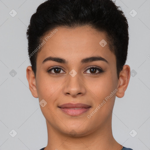 Joyful latino young-adult female with short  brown hair and brown eyes