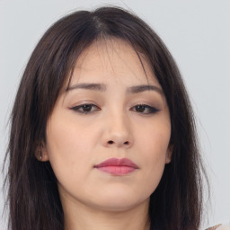 Neutral asian young-adult female with long  brown hair and brown eyes