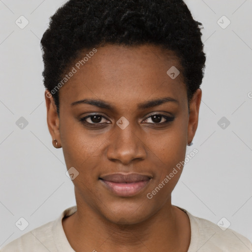 Joyful black young-adult female with short  black hair and brown eyes