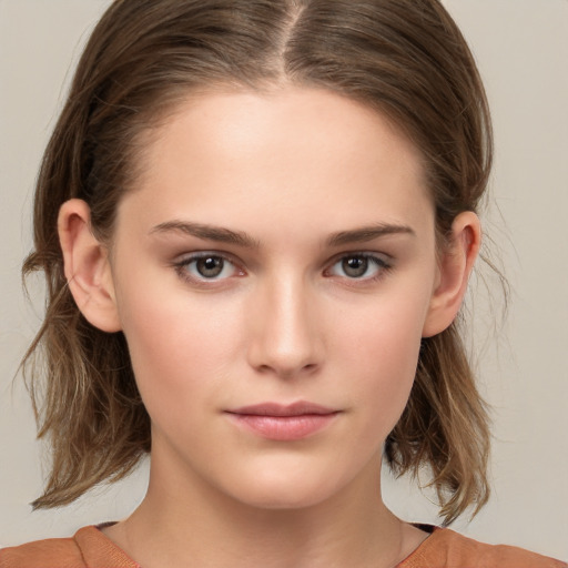 Neutral white young-adult female with medium  brown hair and brown eyes