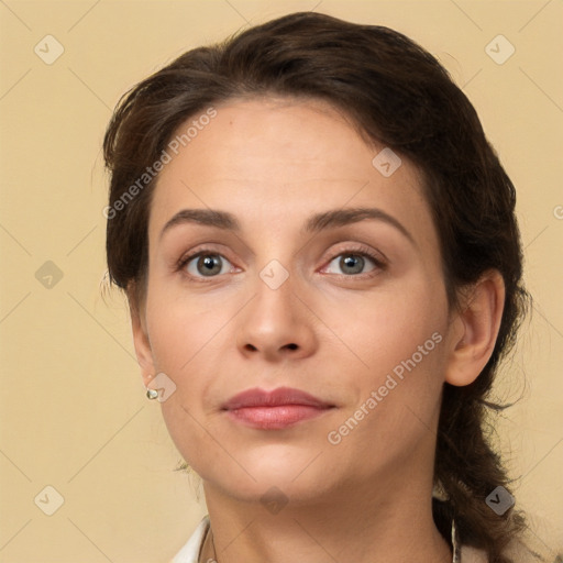 Neutral white young-adult female with short  brown hair and brown eyes