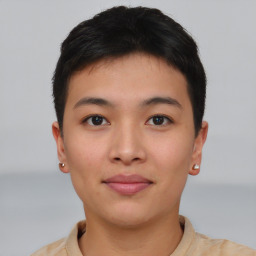 Neutral asian young-adult female with short  brown hair and brown eyes