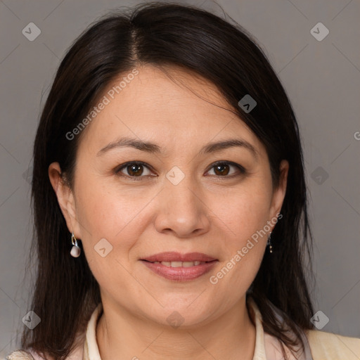 Joyful white adult female with medium  brown hair and brown eyes