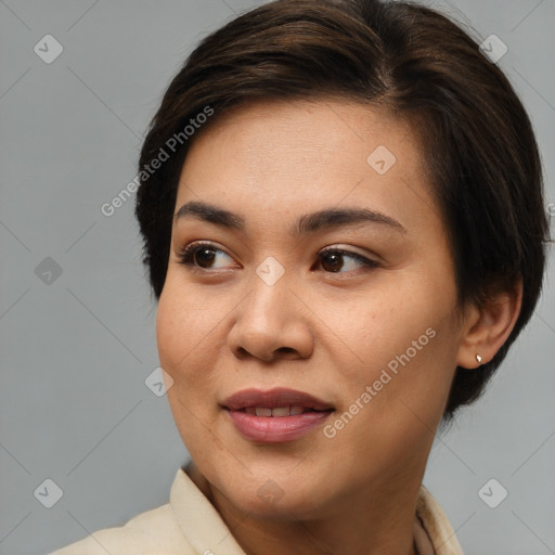 Joyful white young-adult female with medium  brown hair and brown eyes