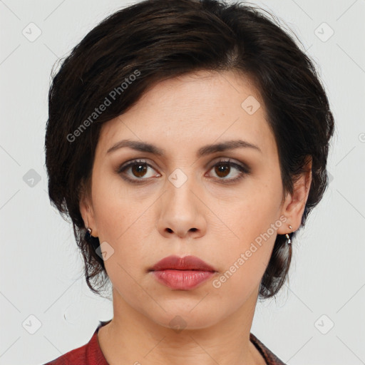 Neutral white young-adult female with medium  brown hair and brown eyes