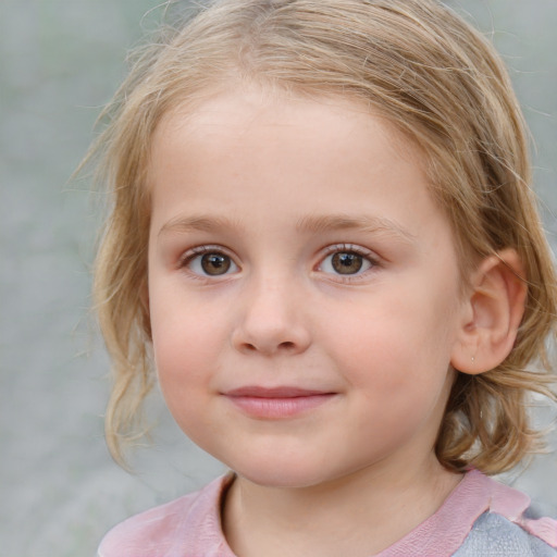 Joyful white child female with medium  brown hair and blue eyes