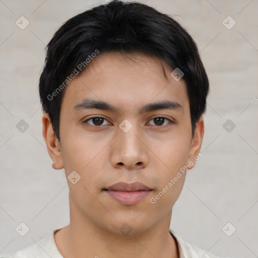 Neutral asian young-adult male with short  black hair and brown eyes