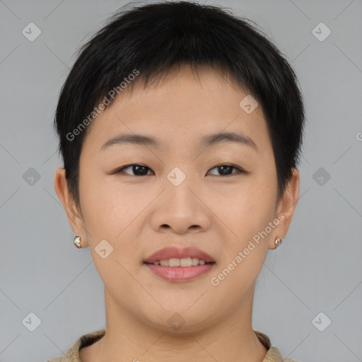 Joyful asian young-adult female with short  brown hair and brown eyes