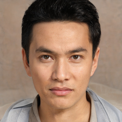 Neutral white young-adult male with short  black hair and brown eyes