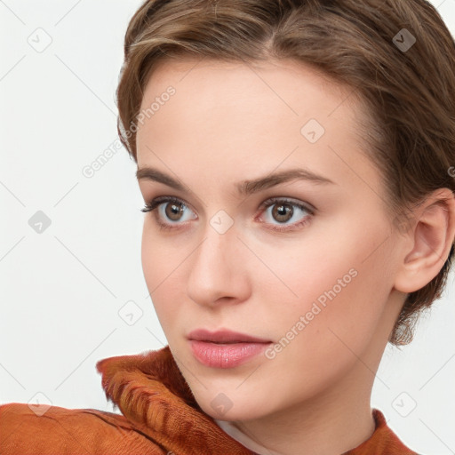 Neutral white young-adult female with short  brown hair and brown eyes