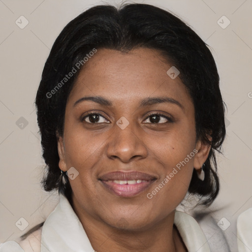 Joyful black adult female with medium  brown hair and brown eyes