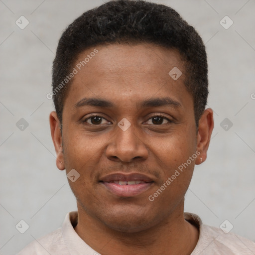 Joyful latino young-adult male with short  brown hair and brown eyes