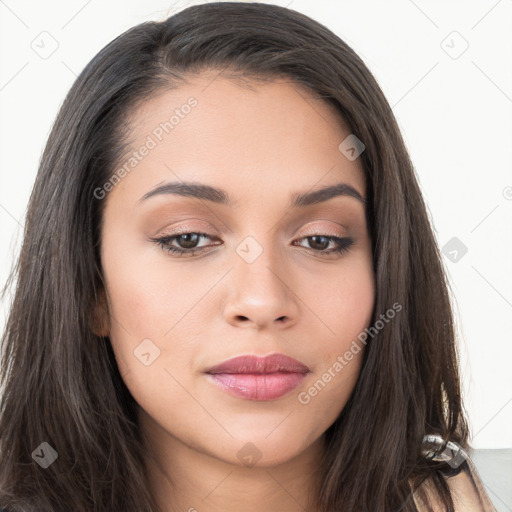 Neutral white young-adult female with long  brown hair and brown eyes