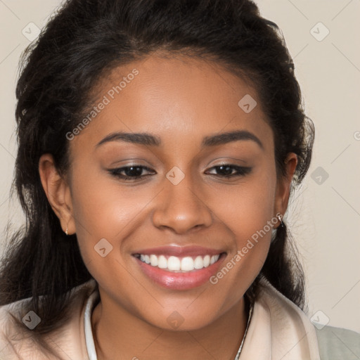 Joyful latino young-adult female with long  brown hair and brown eyes