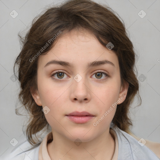 Neutral white young-adult female with medium  brown hair and brown eyes