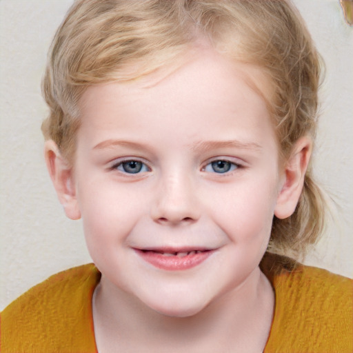 Joyful white child female with medium  brown hair and blue eyes