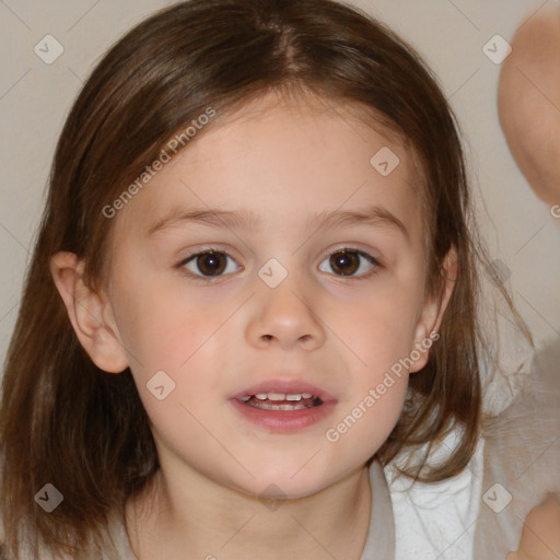 Joyful white child female with medium  brown hair and brown eyes