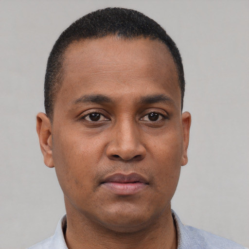 Neutral black young-adult male with short  black hair and brown eyes