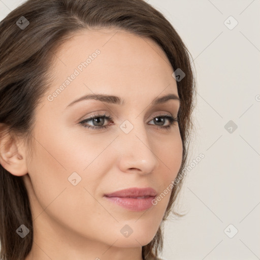 Neutral white young-adult female with long  brown hair and brown eyes