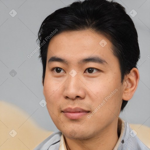 Neutral asian young-adult male with short  black hair and brown eyes