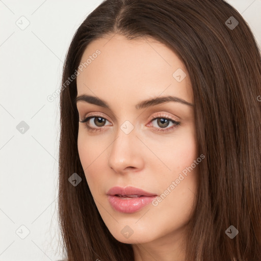 Neutral white young-adult female with long  brown hair and brown eyes