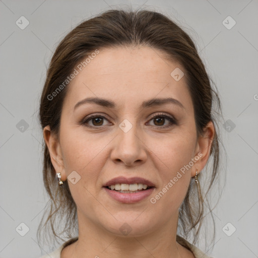 Joyful white young-adult female with medium  brown hair and grey eyes