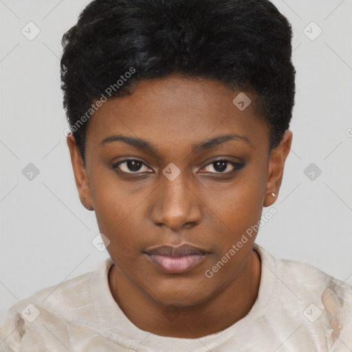 Neutral black young-adult female with short  black hair and brown eyes