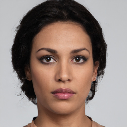 Neutral latino young-adult female with medium  black hair and brown eyes