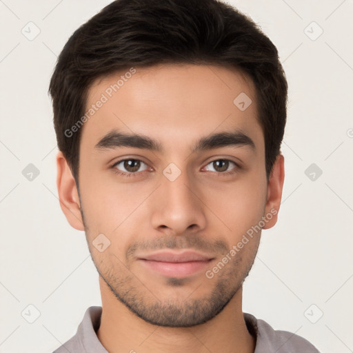 Neutral white young-adult male with short  brown hair and brown eyes