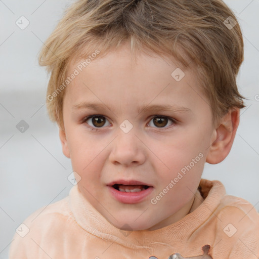 Joyful white child female with short  brown hair and brown eyes