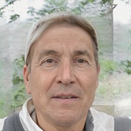 Joyful white middle-aged male with short  brown hair and brown eyes