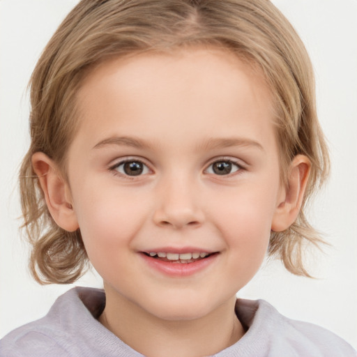 Joyful white child female with medium  brown hair and grey eyes