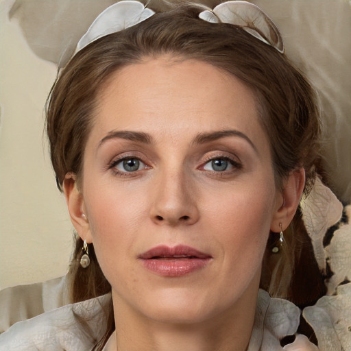 Joyful white young-adult female with medium  brown hair and green eyes