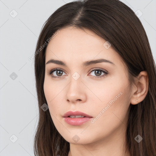 Neutral white young-adult female with long  brown hair and brown eyes