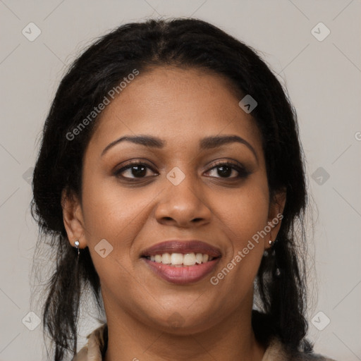 Joyful latino young-adult female with long  brown hair and brown eyes