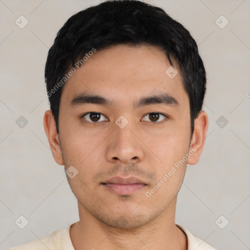 Neutral asian young-adult male with short  black hair and brown eyes