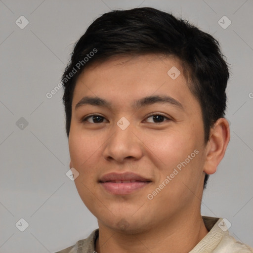 Joyful latino young-adult male with short  brown hair and brown eyes