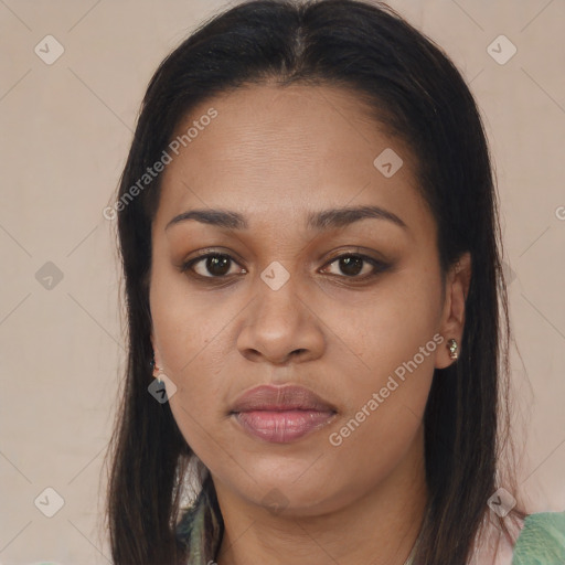 Joyful latino young-adult female with medium  brown hair and brown eyes