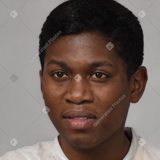 Joyful black young-adult male with short  brown hair and brown eyes