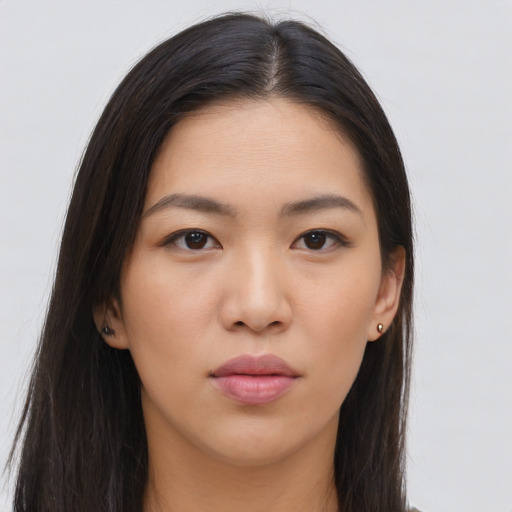 Neutral asian young-adult female with long  brown hair and brown eyes