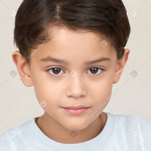 Joyful white child female with short  brown hair and brown eyes