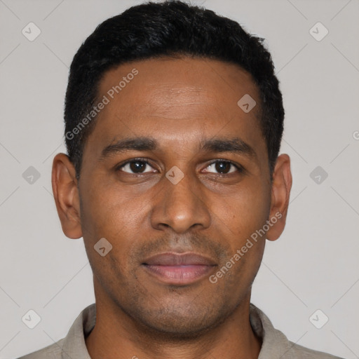 Neutral latino young-adult male with short  black hair and brown eyes