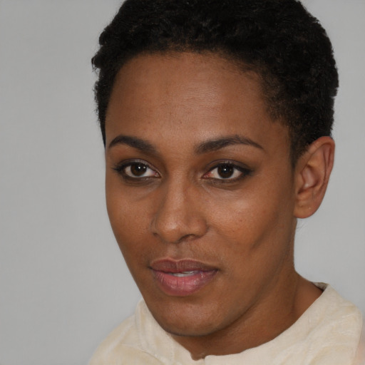 Neutral black young-adult female with short  black hair and brown eyes