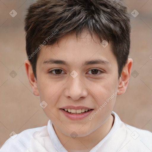 Joyful white child male with short  brown hair and brown eyes