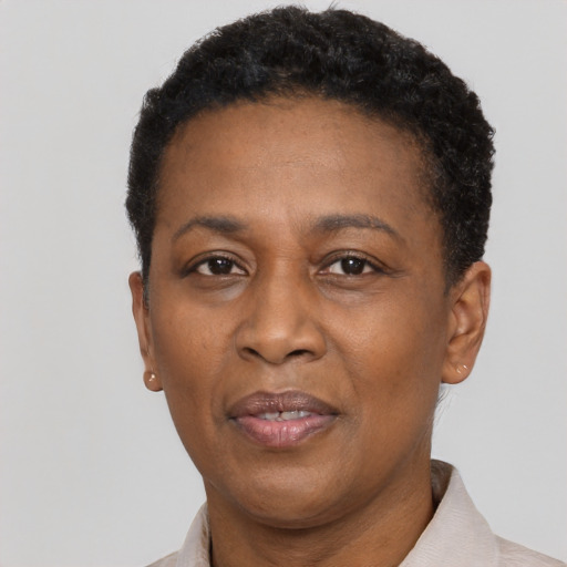 Neutral black adult female with short  black hair and brown eyes