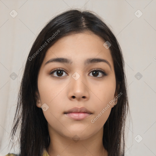 Neutral asian young-adult female with long  brown hair and brown eyes