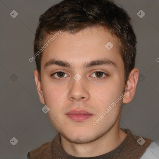 Neutral white young-adult male with short  brown hair and brown eyes