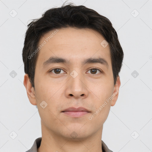 Neutral asian young-adult male with short  black hair and brown eyes