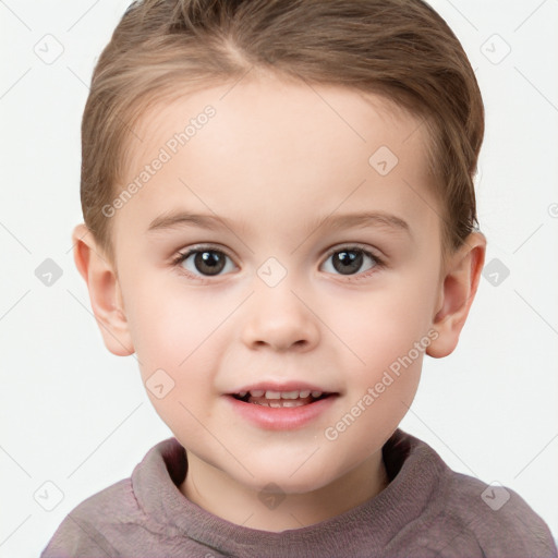 Joyful white child female with short  brown hair and brown eyes