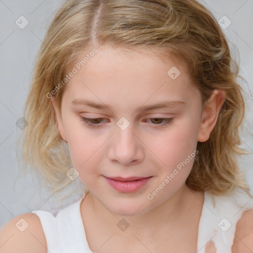 Joyful white child female with medium  brown hair and brown eyes